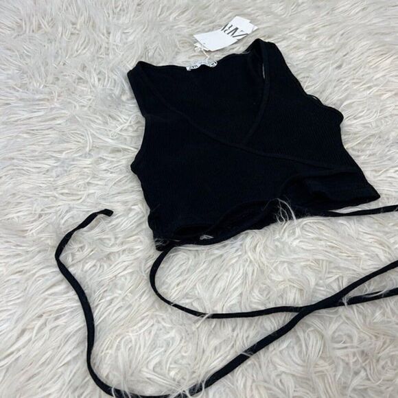 Zara Women’s NWT Black Ribbed V-Neck Crop Top Long Tie Up Shirt Sleeveless S/M - Picture 10 of 10